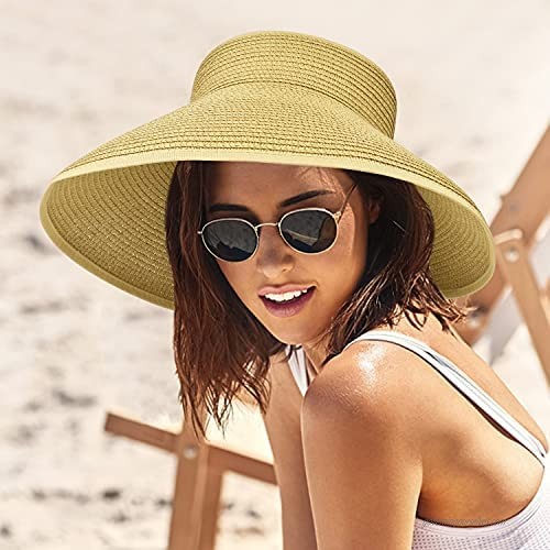 Sun Visor Hat Women Straw Sun Hat for Women Beach Hat UV Protection Wide Brim Hat Foldable Hat UPF 50+ Ponytail Visors