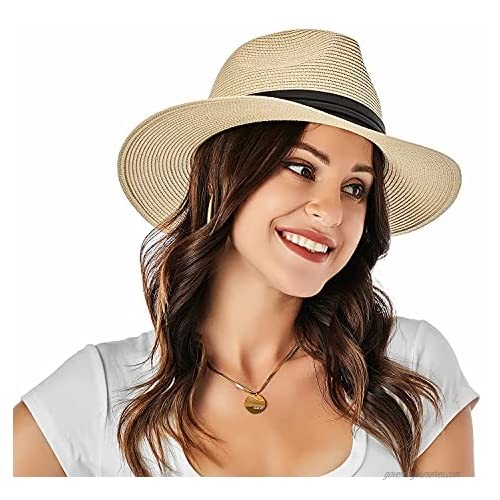 Voilipex Wide Brim Straw Panama Hat Summer Beach Sun Hat Fedora UV UPF Protectionfor Women Men