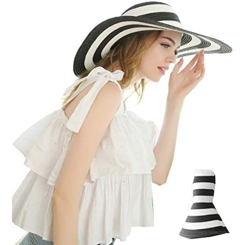 Wide Brim Striped UV-Resistant Summer Beach Hat Black and White