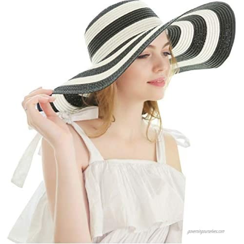 Wide Brim Striped UV-Resistant Summer Beach Hat Black and White