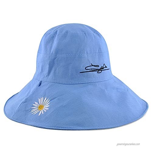Women Floppy Hat Reversible Wide Brim Sun Hat Cotton Bucket Hat with Chin Cord for Beach