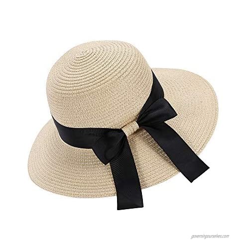 Women Straw Sun Hat Summer Beach Cap Foldable Visor Floppy Hats Wide Brim with Strap Sun hat wiht Bow