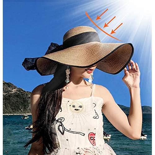 Women Summer Foldable Sun Straw Hat UPF 50+ Beach Hat (One Size A- Khaki)