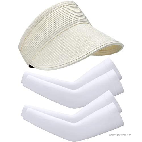 Women Sun Visor Hat Wide Brim Foldable Beach Hat and 2 Pairs Ice Silk Cooling Arm Sleeves for Summer UV Protection
