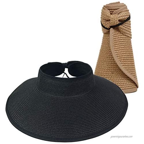 Women Sun Visor Hats Summer Roll Up Packable Wide Brim Straw Hat