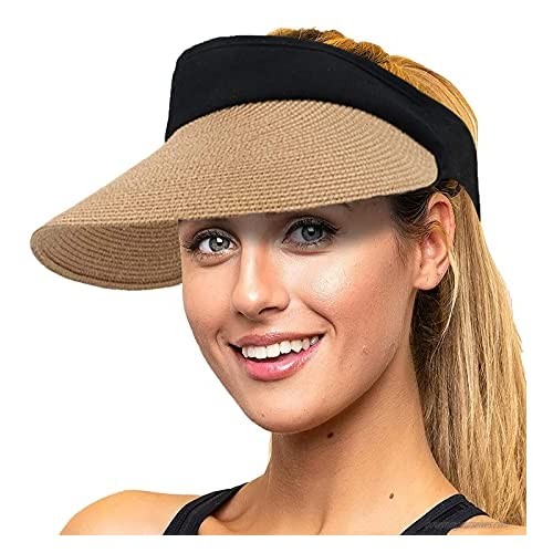 Women Sun Visor Straw Hat Wide Brim UV Protection Cap Beach Golf Garden Travel Hats Large Brim Summer Hat Roll Up Ponytail Sun Hat Foldable Packable Cruise Wear Hat Korean Style