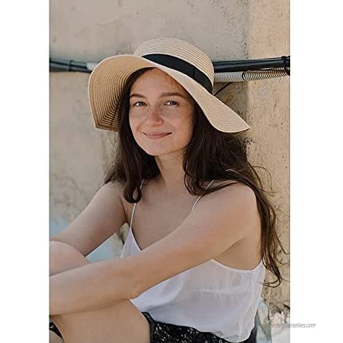 Womens Bowknot Beach-Hat Floppy - Summer Straw-Sun-Hat Foldable (Hat Circumference 21.8-22.4)