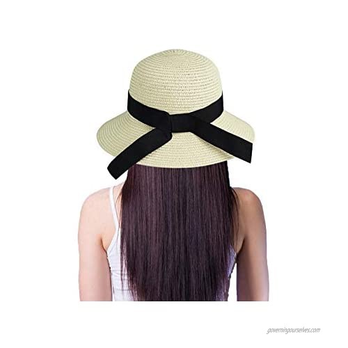 Womens Bowknot Beach-Hat Floppy - Summer Straw-Sun-Hat Foldable (Hat Circumference 21.8-22.4")