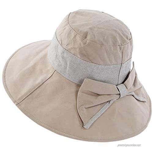 Womens Foldable Wide Wired Brim Beach Sun Hat Summer UV UPF Protection Bow Strap