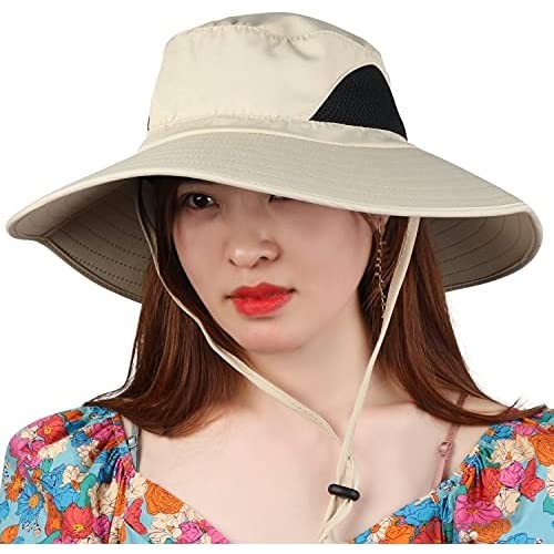 Womens Outdoor Summer Foldable Mesh Wide Brim Sun UV Protection Ponytail Hat Bucket Hat with Ponytail Hole Gift for Women