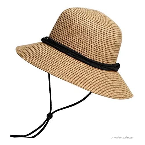 Womens Straw Sun Hat Wide Brim Wind Lanyard Summer Beach Hat Outdoor