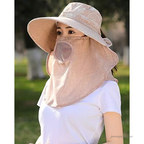 Womens Summer Wide Brim Flap Bill Cap Breathable Face Shield Sun Hats w Chin Cord Neck Face Cover