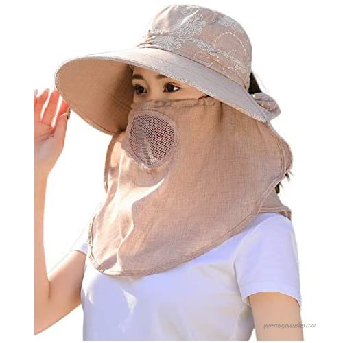 Womens Summer Wide Brim Flap Bill Cap Breathable Face Shield Sun Hats w Chin Cord Neck Face Cover