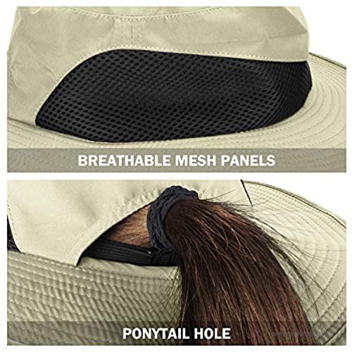 Womens Sun Hat Wide Brim UV Protect with Wind Lanyard Summer Beach Fishing Hat with Ponytail Hole