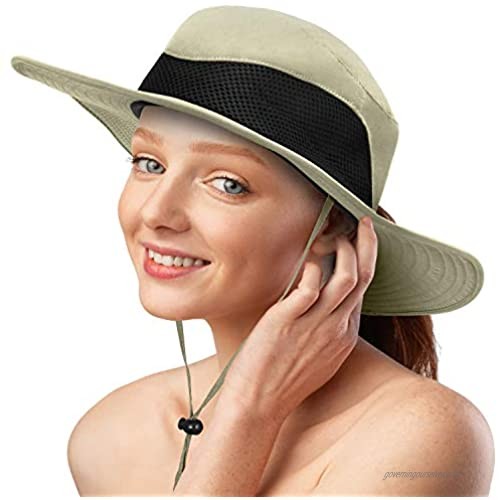 Womens Sun Hat Wide Brim UV Protect with Wind Lanyard Summer Beach Fishing Hat with Ponytail Hole