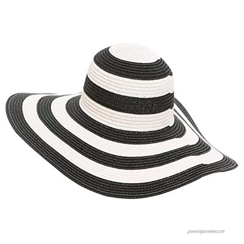 Womens Wide Brim Straw Sun Hat Floppy Foldable Roll Up Beach Cap Sunhat UPF 50+ Black & White Striped Hat