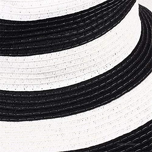 Womens Wide Brim Straw Sun Hat Floppy Foldable Roll Up Beach Cap Sunhat UPF 50+ Black & White Striped Hat