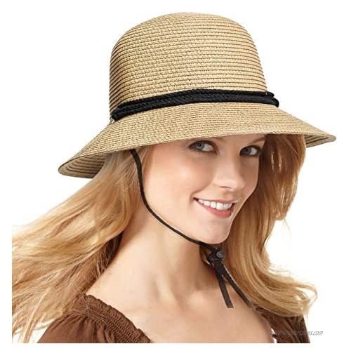 Womens Wide Brim Sun Hat with Wind Lanyard UPF Summer Straw Sun Hats for Men…