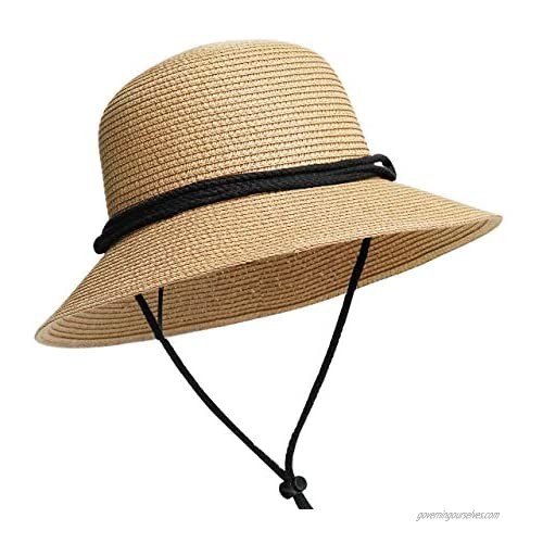 Womens Wide Brim Sun Hat with Wind Lanyard UPF Summer Straw Sun Hats for Men…