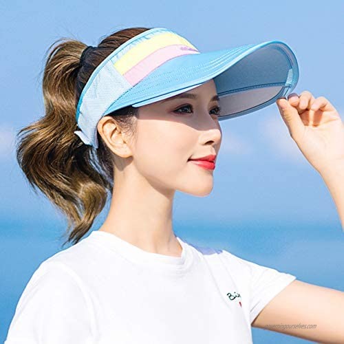 Womens Wide Brim Visor Sun Hat Solar Protection Beach Cap with Retractable Pull Plate Outdoor Light Blue