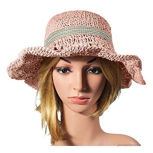 ZLYC Women Wide Brim Sun Hat Floppy Summer Straw Bucket Hat Foldable Travel Beach Cap