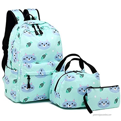 Backpack for School Girls Kids Bookbag Set Water Resistant School Bag with Insulated Lunch Bag (Cat-Water Blue)