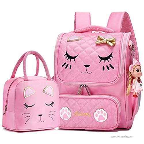 Backpacks for Girls Kids Backpack Cat Face Backpack for Teen Girls Backpack for Girls Elementary School (Pink Set-Small)