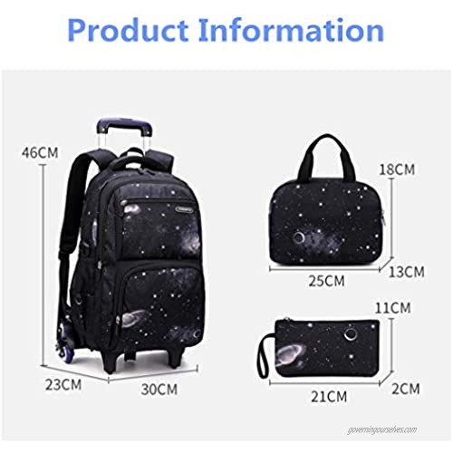 Bansusu 3Pcs Aerospace Printing Waterproof Primary Middle School Rolling Trolley Backpack with Lunch Bag