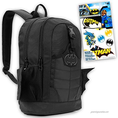 Batman Backpack for Adults Teens Kids Bundle ~ Deluxe 16" DC Comics Justice League Batman Backpack with Batman Stickers (Batman School Supplies)
