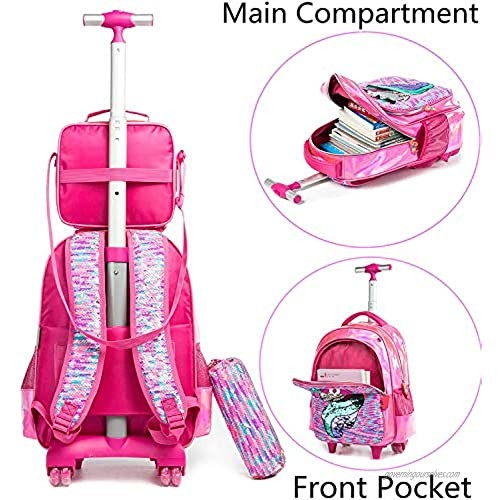 Egchescebo School Kids Rolling Backpack for Girls and Boys With Wheels Trolley Wheeled Backpacks for Girls Travel Bags 3PCS Girls and Boys Backpack With Lunch Box Rose Red