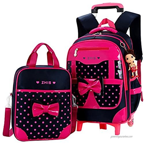 Fanci 2Pcs Cute Bowknot Kids Rolling School Backpack Polka Dot Trolley Carry on Luggage With Two Wheels