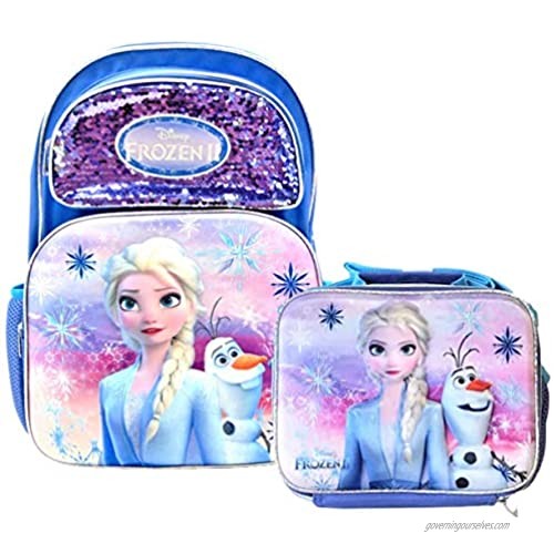 Frozen II Elsa & Olaf Full Size 16 Inch Backpack with Sequins & Matching Lunch Box