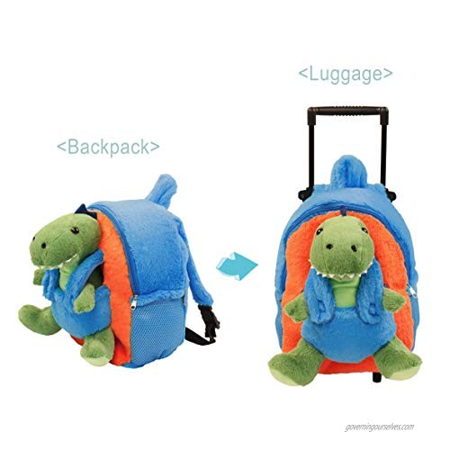 Funday Dinosaur Kids Backpack with Removable Wheels - Little Kids Luggage Backpack with Stuffed Animal Toy Dinosaur