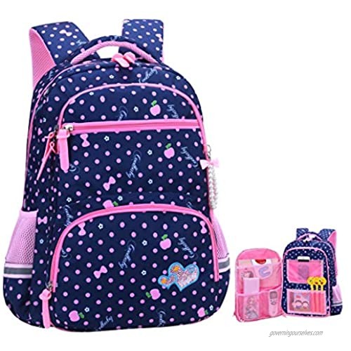 Girls Backpacks for Elementary  Polk Dots School Bag for Kids Primary Bookbags (Girls Backpacks for Elementary Navy Blue  Small for Grade 1-3)