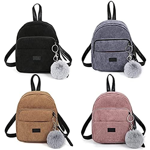 Girls Cute Mini Backpack Light-weight Corduroy Casual Daypack with Detachable Fur Pom Pom Ball (Black)