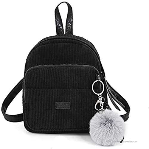 Girls Cute Mini Backpack Light-weight Corduroy Casual Daypack with Detachable Fur Pom Pom Ball (Black)
