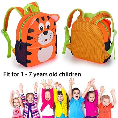 Hipiwe Little Kid Toddler Backpack Baby Boys Girls Kindergarten Pre School Bags Cute Neoprene Cartoon Backpacks for Children 0~3 Years Old (Tiger)