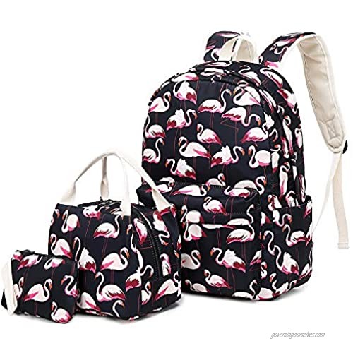 Lmeison Flamingo Backpack Waterproof  College Bookbag with Lunch Bag and Pencil Case for Women Teen Girls  Lightweight Travel Daypack 14inch Laptop Bag for School