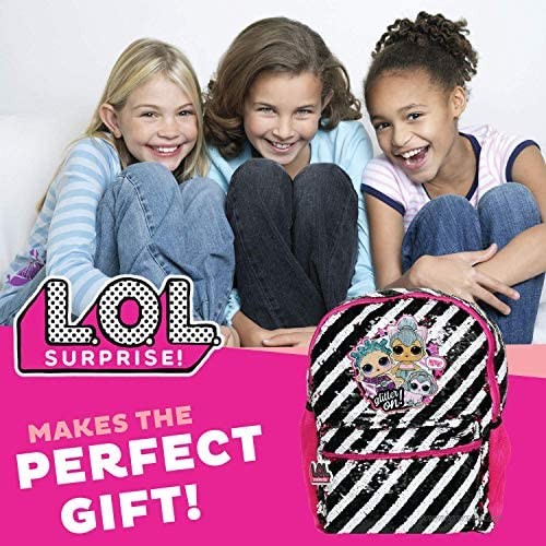 LOL Dolls Backpack for Girls Brush Sequin Bookbag with Front Pocket Padded Back and Adjustable Shoulder Straps Kid's Lightweight Daypack for School Camping or Travel Black Pink