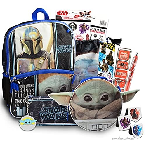 Mandalorian Backpack and Lunch Box Set Boys Girls Kids ~ 10+ Piece Baby Yoda School Bag  Insulated Lunch Bag  With Pen  Page Clips  Stickers and More! (Star Wars School Supplies)