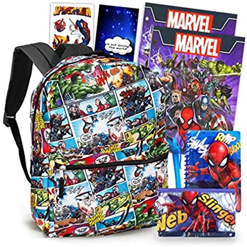 Marvel Avengers Backpack Set Boys Girls Kids -- 7 Piece Marvel Avengers Superhero School Backpack Bag Set with Folders  Pencil Container  Notebook  Stickers and More (Marvel Avengers School Supplies)