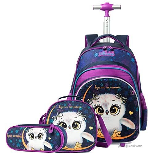 Meetbelify Rolling Backpack for Girls Kids Backpacks with Wheels for Girls School Bags with Lunch Box Wheeled Laptop Luggage