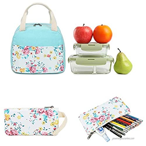 School Backpacks for Teen Girls Bookbags Lightweight Canvas Backpack Schoolbag Set (Turquoise-Flower)