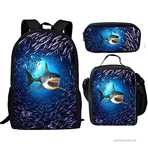 Showudesigns Shark Print Student School Bag Set with 17inch Backpack/Lunch Bag/Pencil Bag