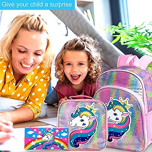 Unicorn Backpack for Girls 16 Sequin Preschool Bookbag and Lunch Box - 3PCS