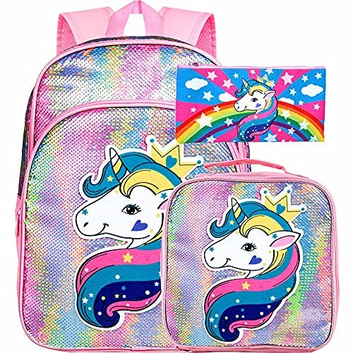 Unicorn Backpack for Girls  16" Sequin Preschool Bookbag and Lunch Box - 3PCS