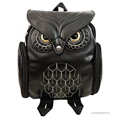 Women Girls PU Leather Owl Cartoon Backpack Fashion Casual Satchel School Purse for Children Students (Black)