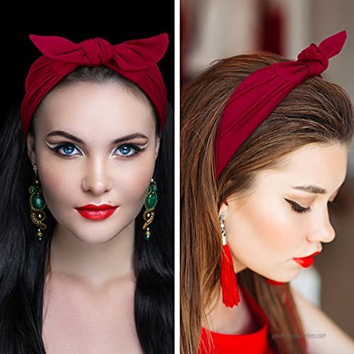 2 Pieces Adjustable Headbands for Women Tie on Headband Wide Knotted Headbands Non-Slip Yoga Running Hairbands Elastic Headwraps Stretchy Hairbands for Workout Sports Solid Colors (Black Wine Red)