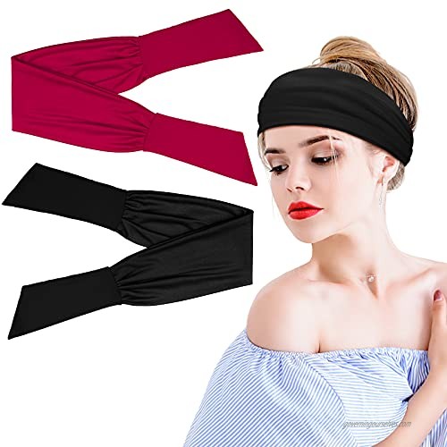 2 Pieces Adjustable Headbands for Women Tie on Headband Wide Knotted Headbands Non-Slip Yoga Running Hairbands Elastic Headwraps Stretchy Hairbands for Workout Sports Solid Colors (Black  Wine Red)