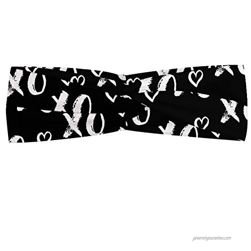 Ambesonne Abstract Headband Internet Abbreviation Conceptual Theme Xoxo Brush Stroked Lettering and Hearts Elastic and Soft Women's Bandana for Sports and Everyday Use Black and White